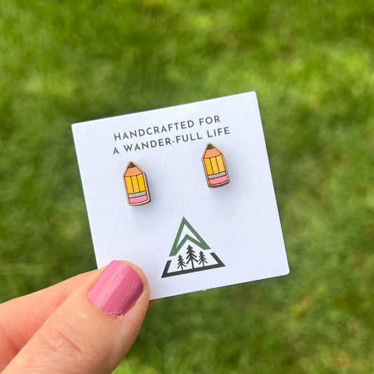 Pencil and Apple Handpainted wood stud earrings