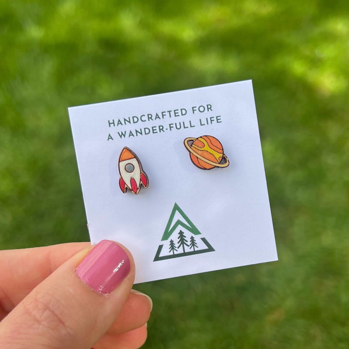 Planet and Rocket Handpainted wood stud earrings