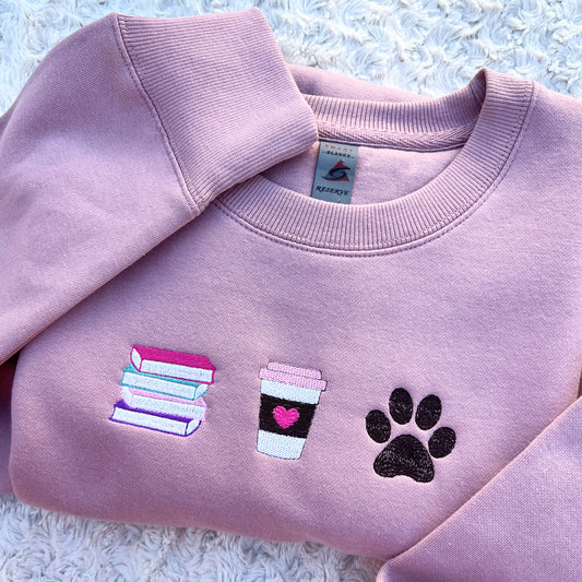 Books Coffee Pets Embroidered Sweatshirt Crewneck