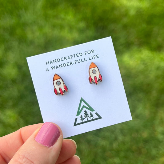 Planet and Rocket Handpainted wood stud earrings