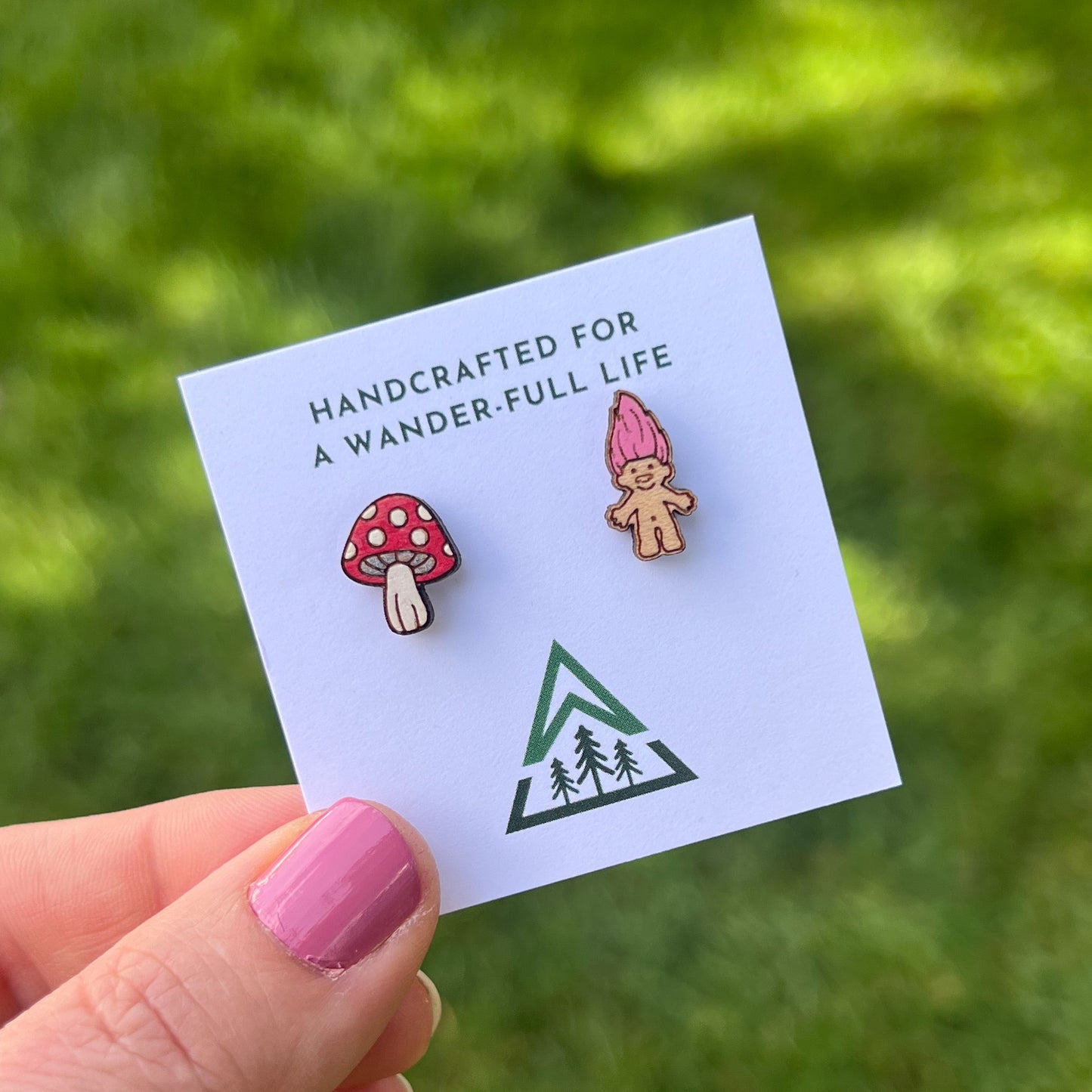 Mushroom and Trolls Handpainted wood stud earrings