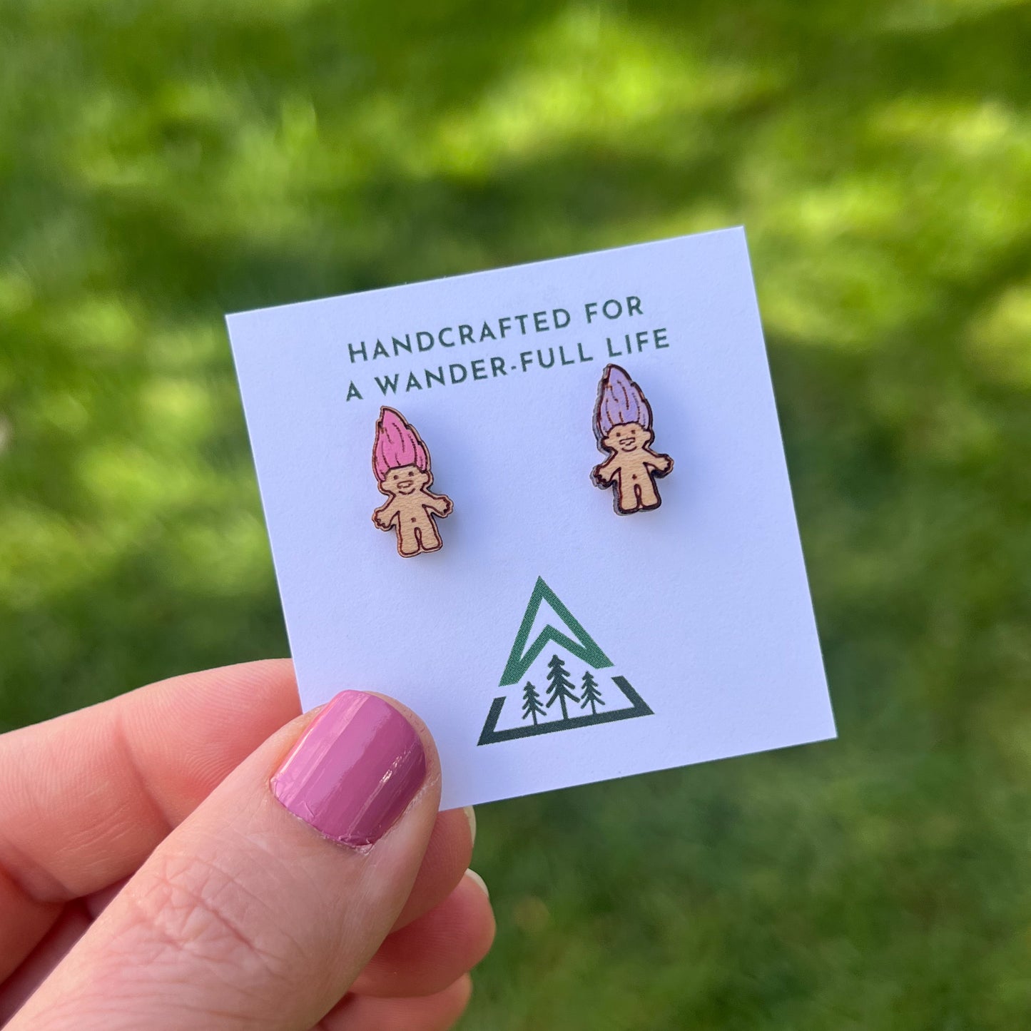 Mushroom and Trolls Handpainted wood stud earrings