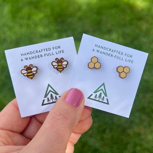 Bee and Honeycomb Handpainted wood stud earrings