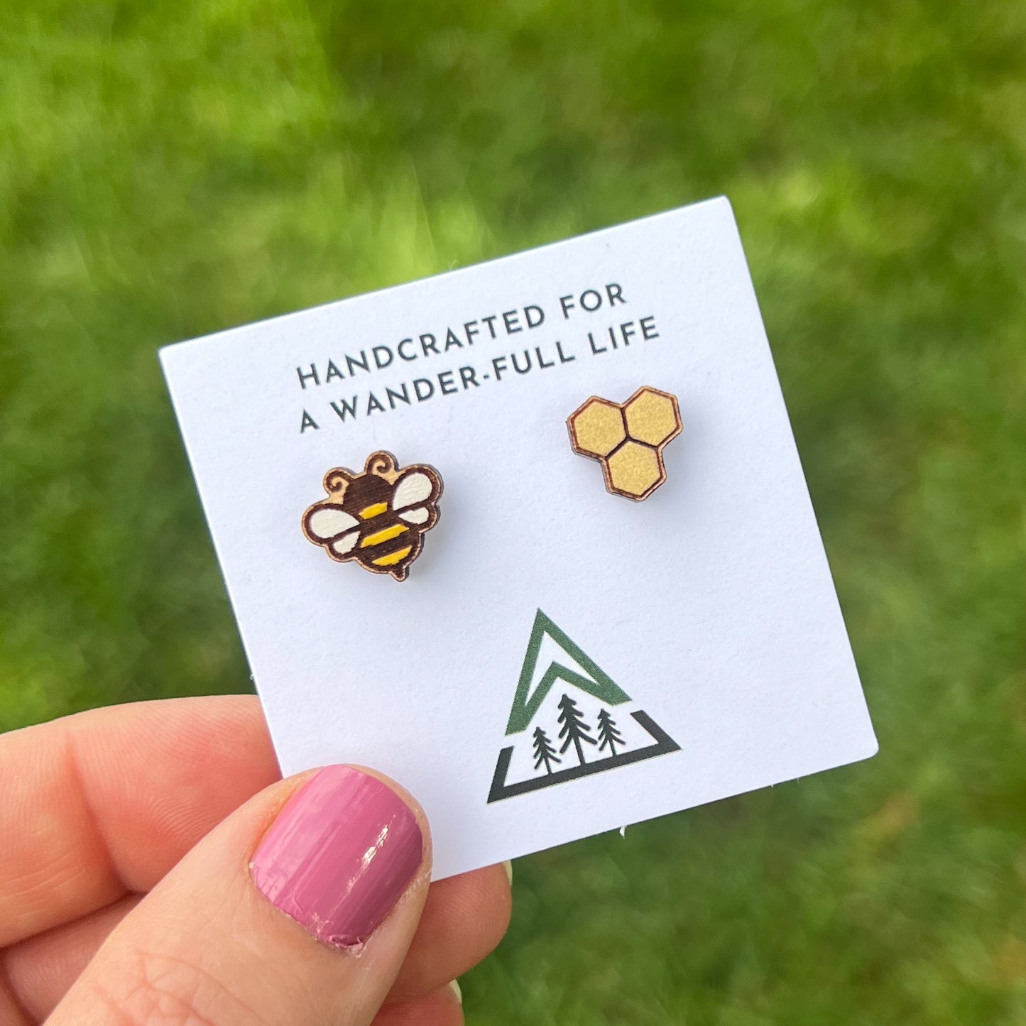 Bee and Honeycomb Handpainted wood stud earrings