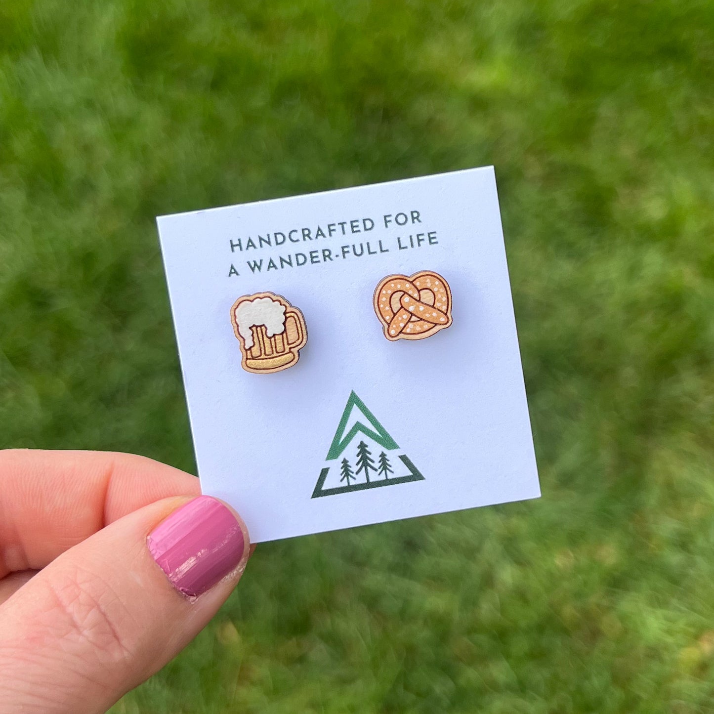 Beer and Pretzel Handpainted wood stud earrings