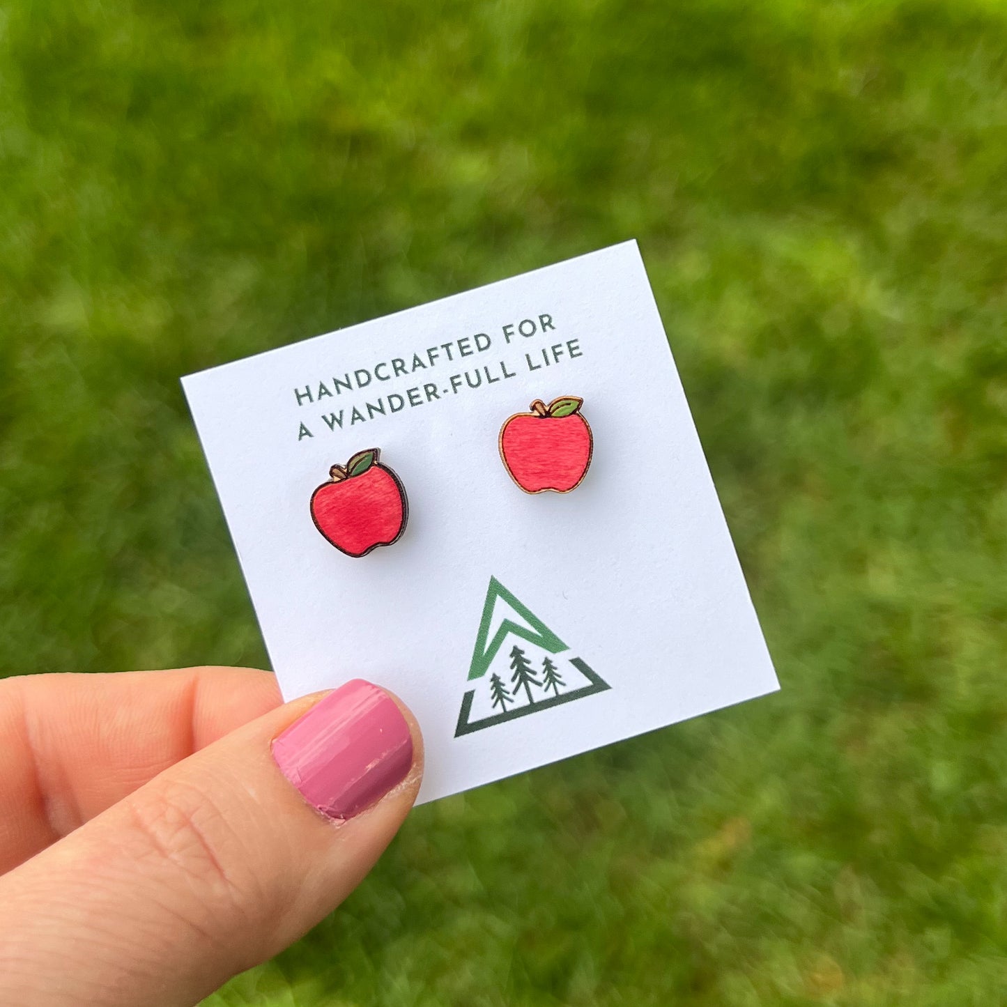 Pencil and Apple Handpainted wood stud earrings