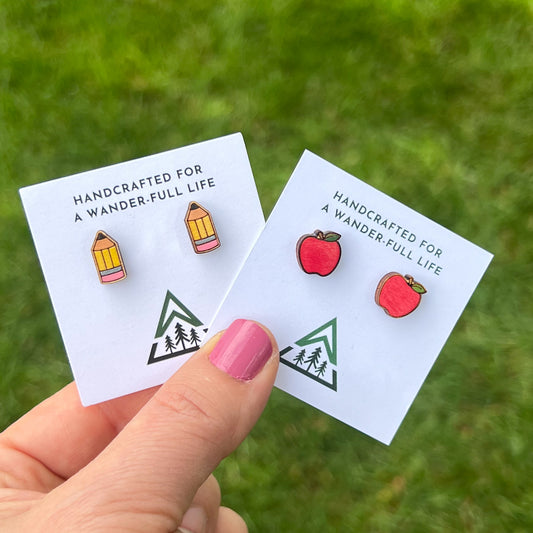 Pencil and Apple Handpainted wood stud earrings