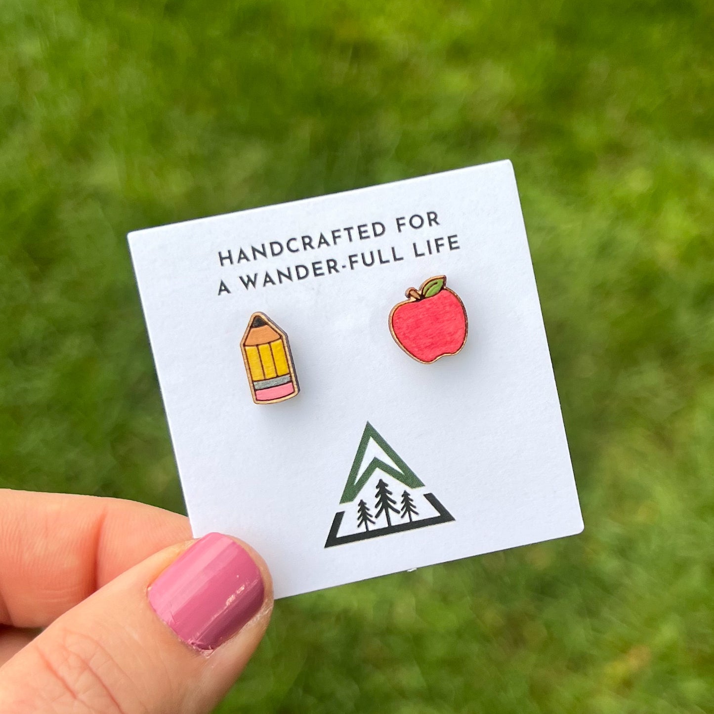Pencil and Apple Handpainted wood stud earrings