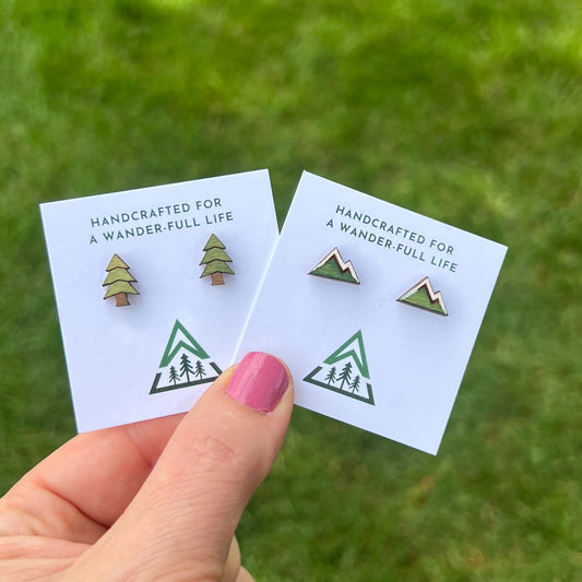 Trees and Mountains Handpainted wood stud earrings
