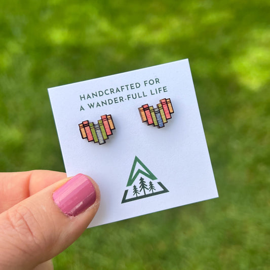 Book Heart Handpainted wood stud earrings