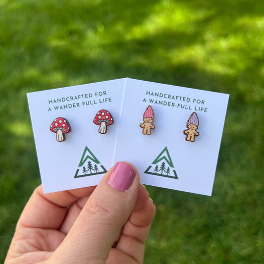 Mushroom and Trolls Handpainted wood stud earrings