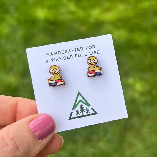 Bookworm Handpainted wood stud earrings