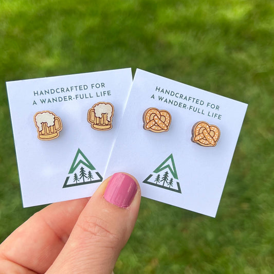 Beer and Pretzel Handpainted wood stud earrings