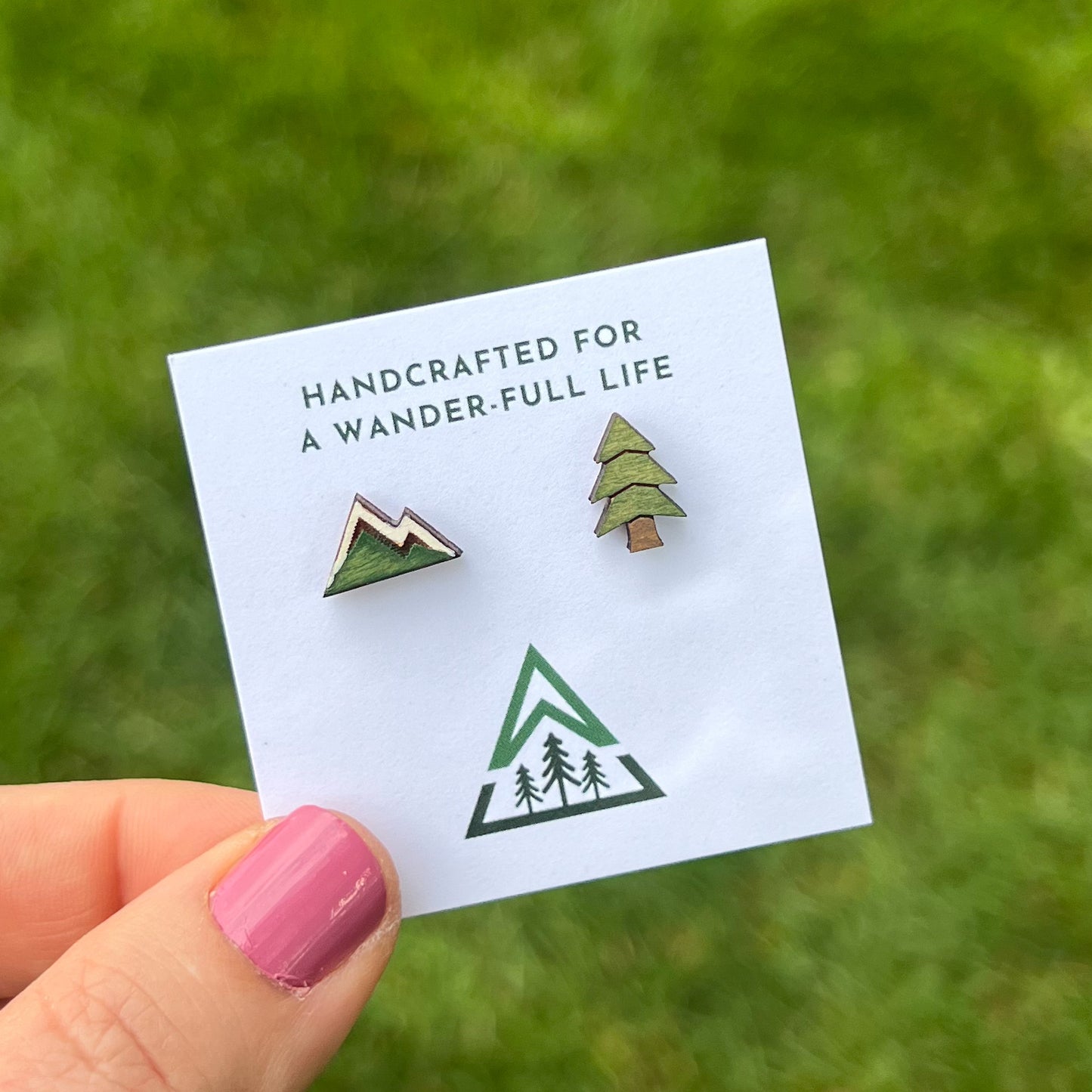 Trees and Mountains Handpainted wood stud earrings