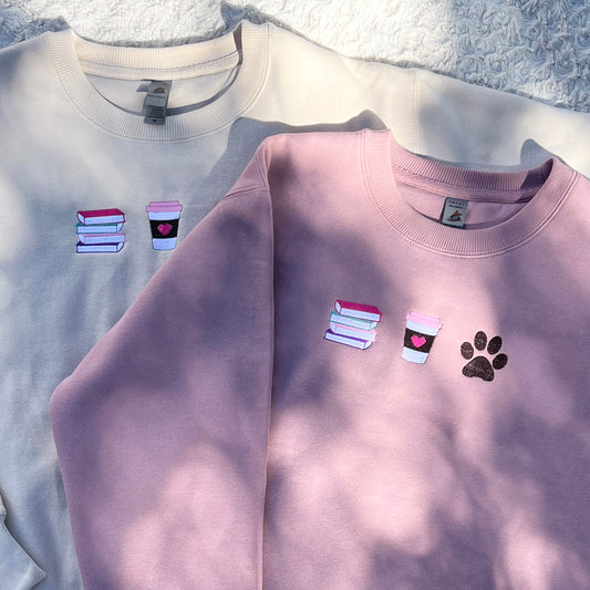 Books Coffee Pets Embroidered Sweatshirt Crewneck